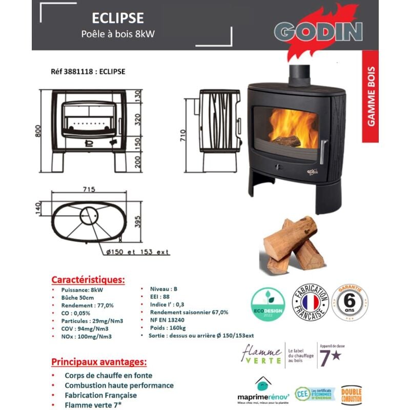 Poêle à Bois Fonte-ECLIPSE-8 kW-Peint anthracite GODIN - 388118 – Image 3